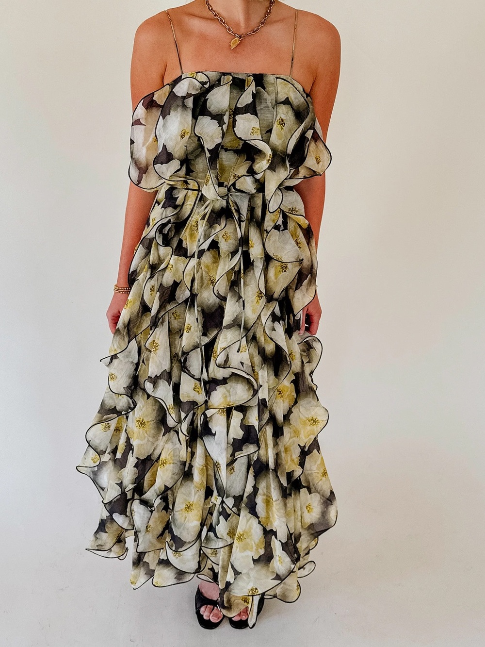 Floral Ruffle Strapless Evening Dress in Cream and Black